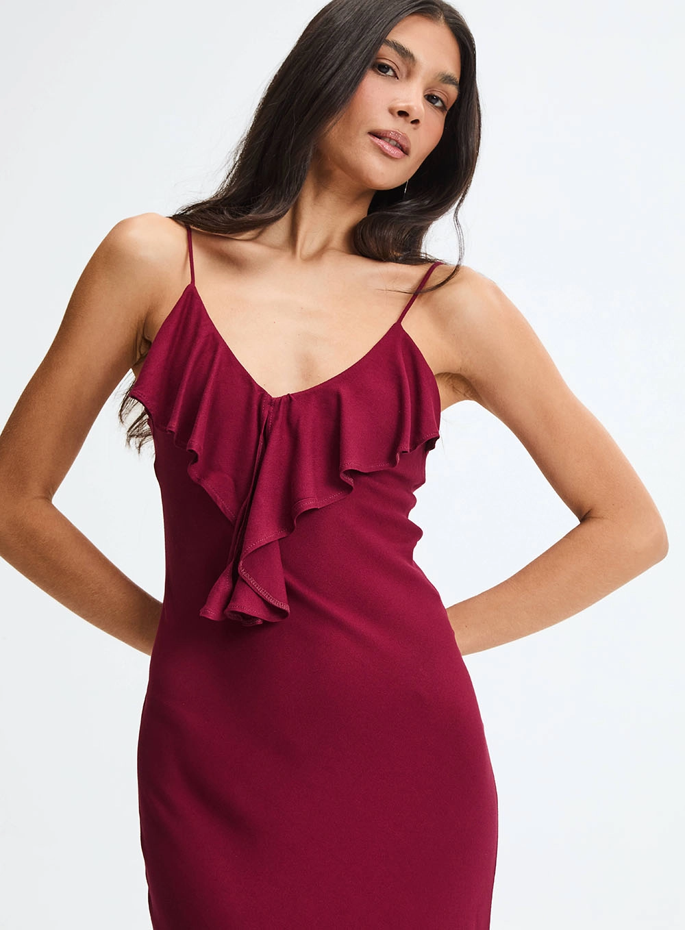 Vestido Longo Evasê Decote V Com Babados Bordô 3
