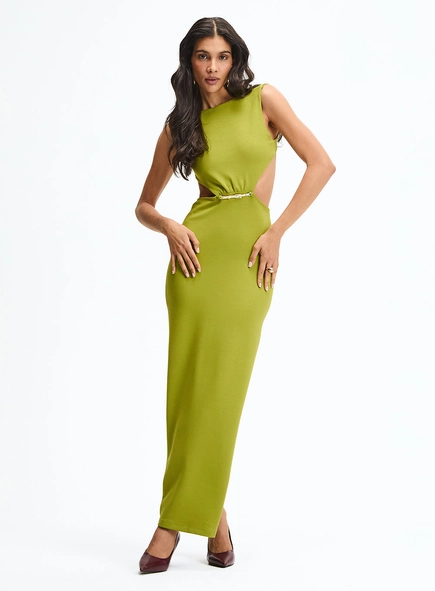 Vestido Longo Reto Com Recorte Lateral