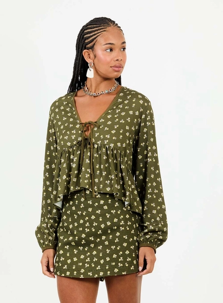 Blusa Solta Estampada Com Manga Longa E Amarração