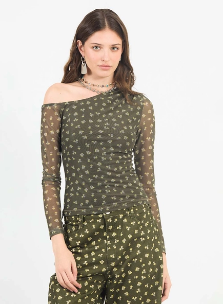 Blusa Slim Estampada Assimétrica Com Franzido