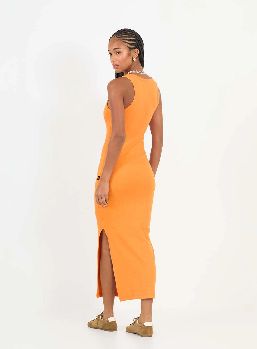 Vestido Midi Slim Canelado Com Fenda Laranja 2
