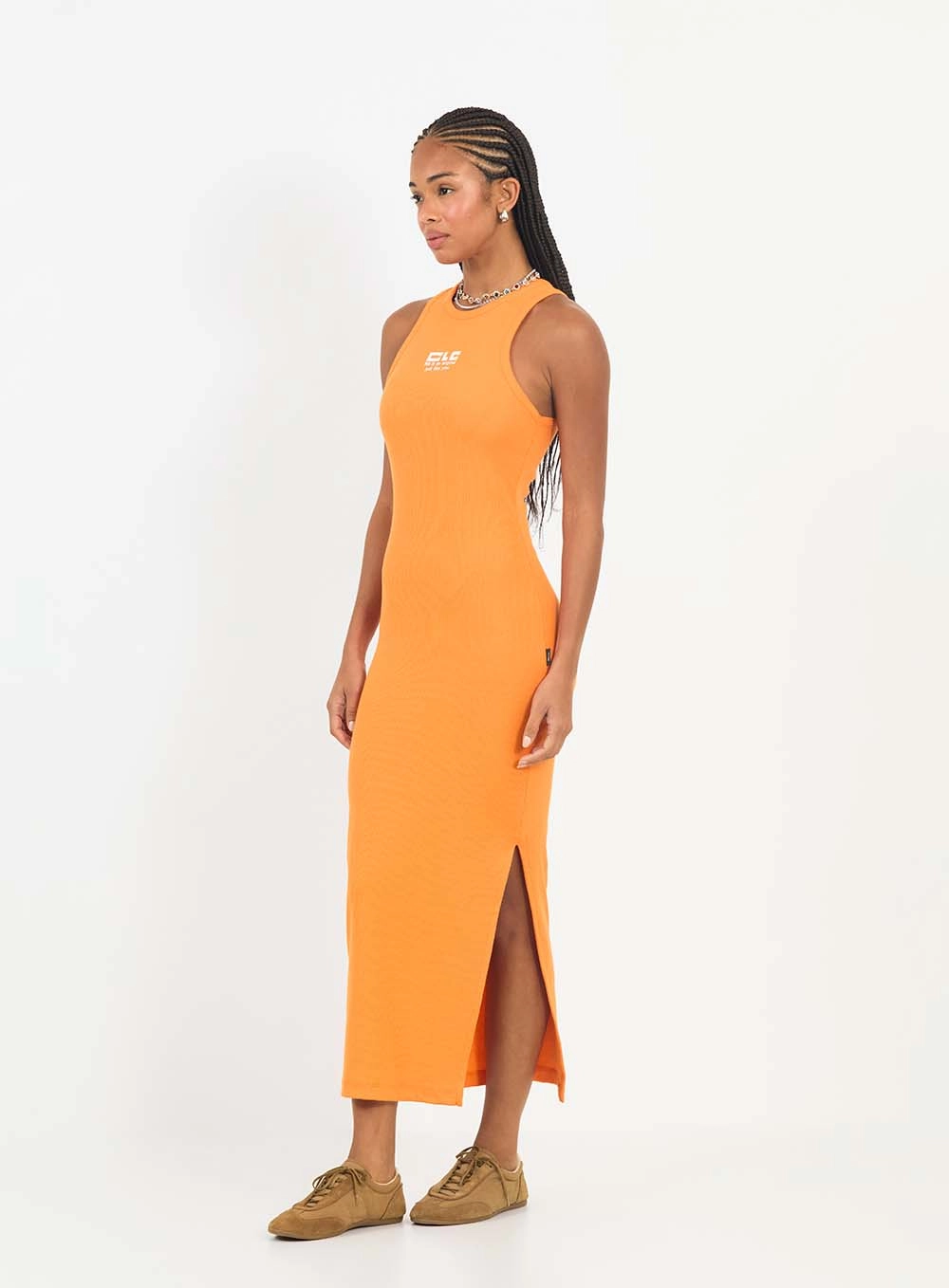Vestido Midi Slim Canelado Com Fenda Laranja 1