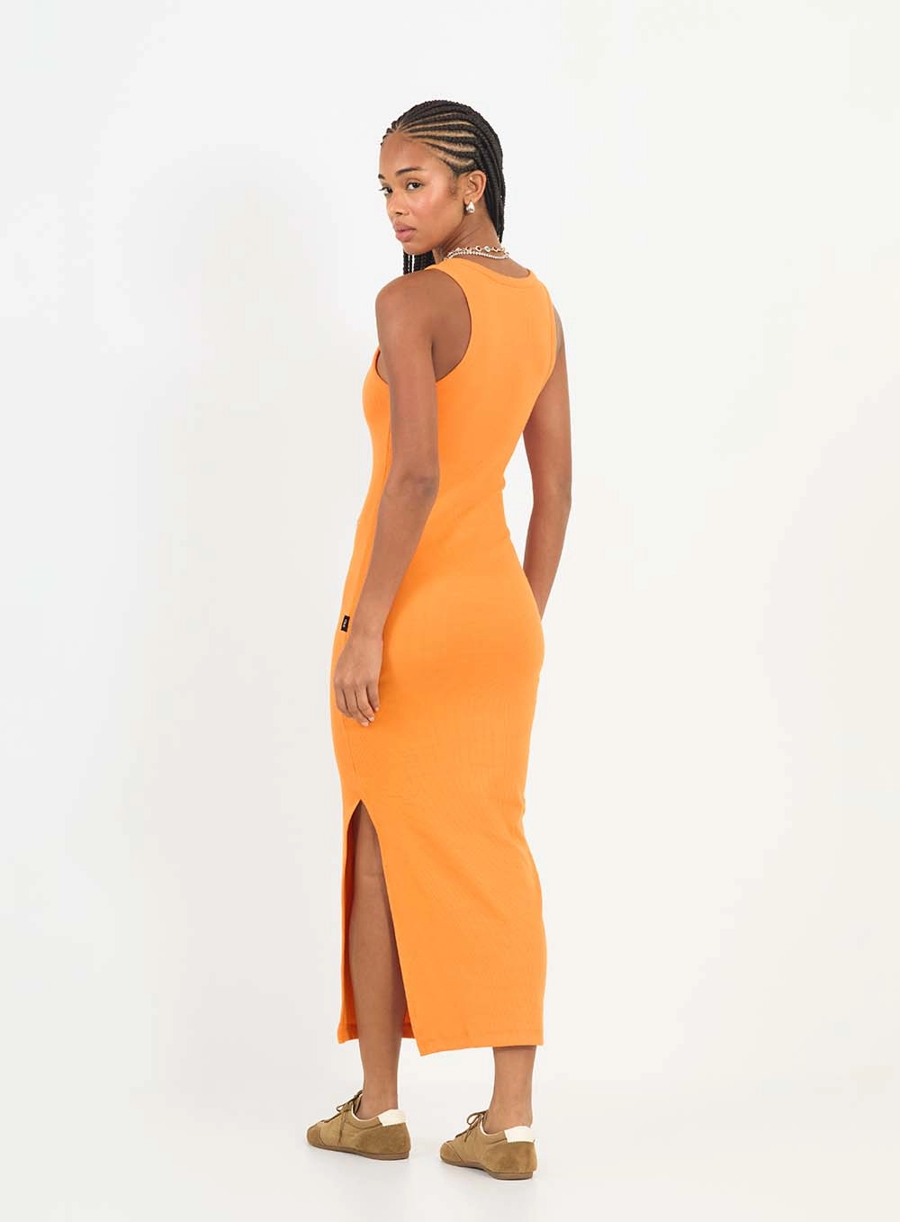 Vestido Midi Slim Canelado Com Fenda Laranja 2
