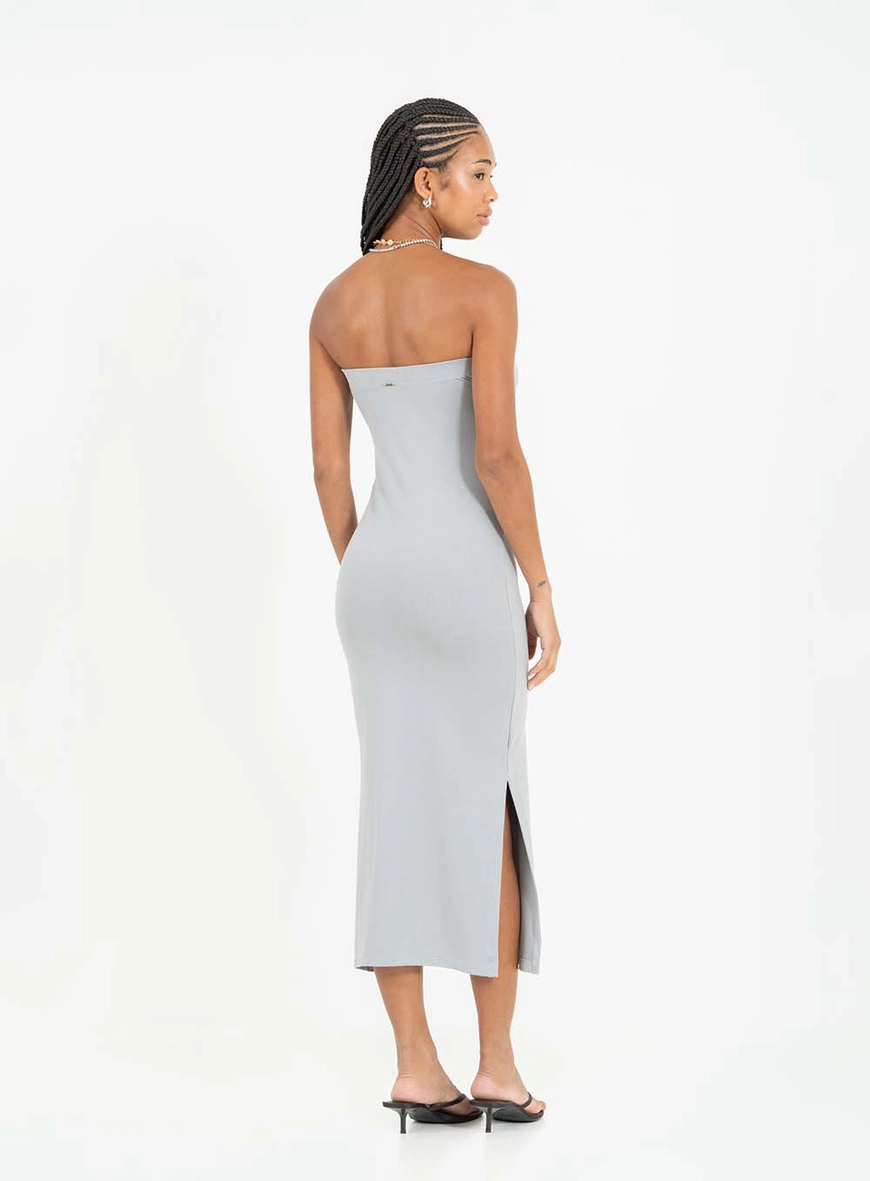 Vestido Midi Small Strapless Com Fenda Cinza 2