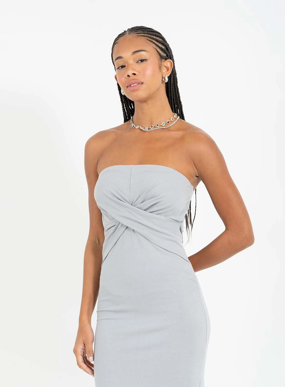 Vestido Midi Small Strapless Com Fenda Cinza 3