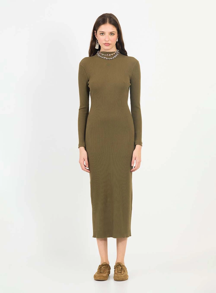 Vestido Midi Small Canelado Gola Alta Manga Longa Verde 1