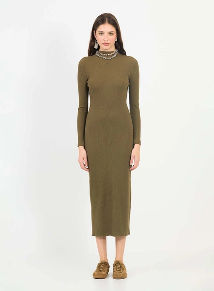 Vestido Midi Small Canelado Gola Alta Manga Longa