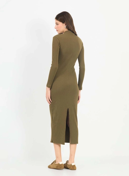 Vestido Midi Small Canelado Gola Alta Manga Longa