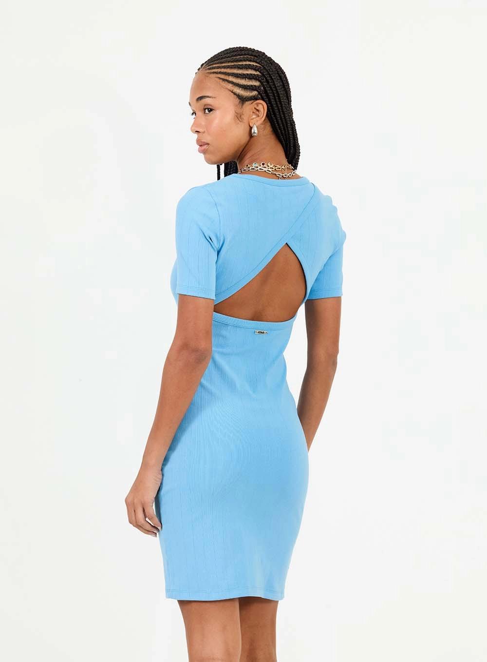 Vestido Curto Small Canelado Com Abertura Costas Azul 4