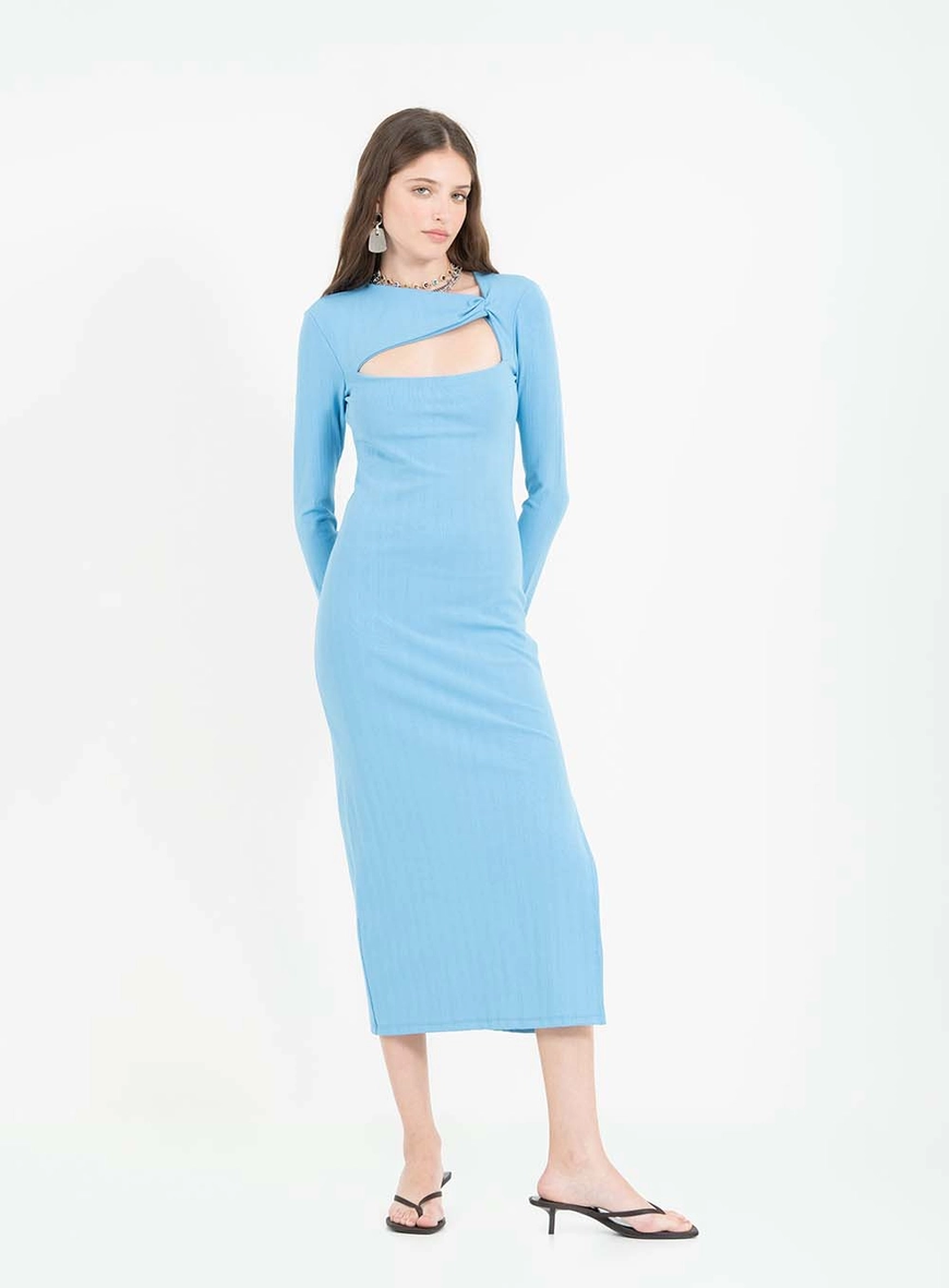 Vestido Midi Small Canelado Com Torção Azul 1