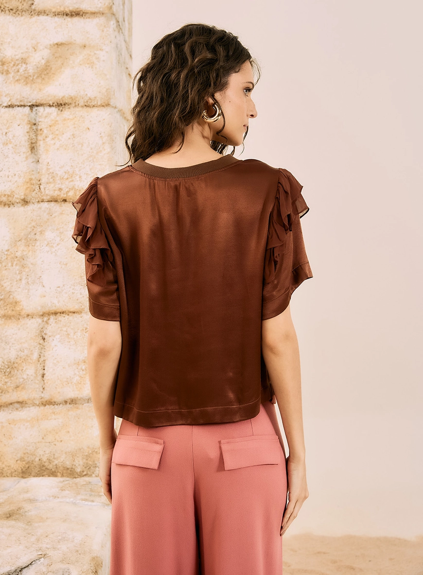 Blusa Com Babados Na Manga Marrom 3