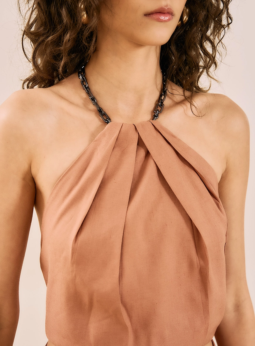 Blusa Cropped Halter Com Corrente Marrom 2