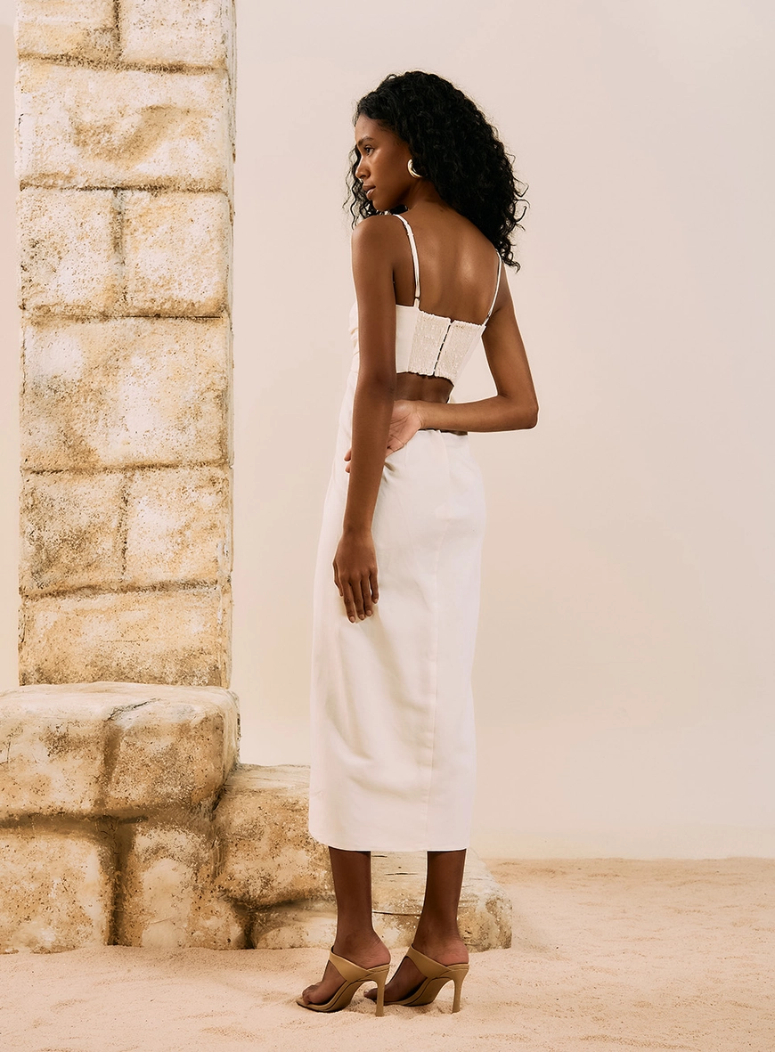 Vestido Midi Com Decote Drapeado Bege 3