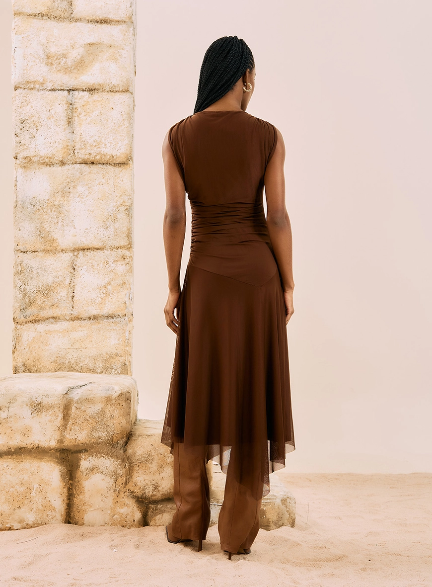 Vestido Midi Em Tule Assimétrico Marrom 3
