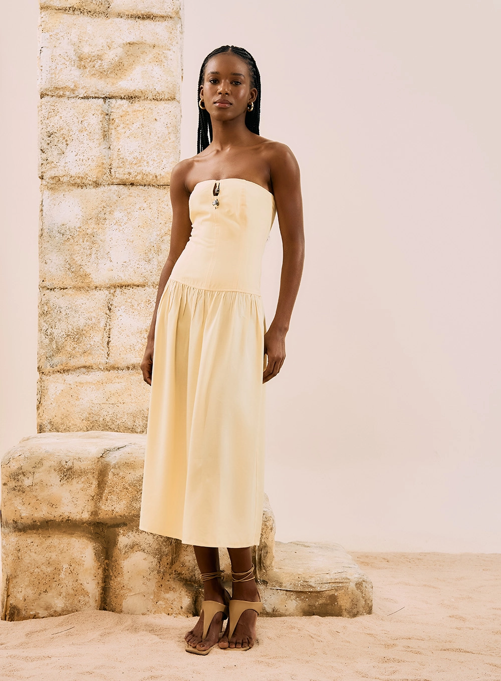 Vestido Mid Evasê Tomara Que Caia Amarelo 4