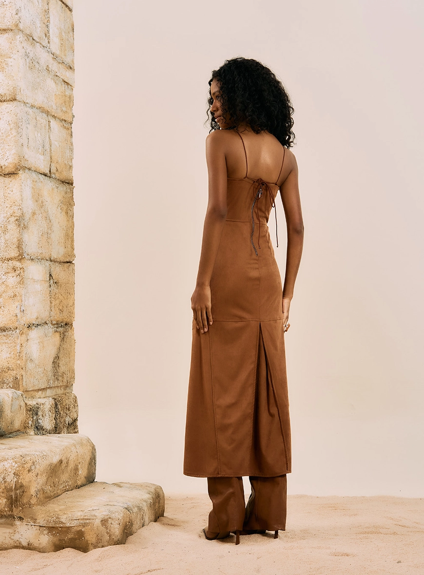 Vestido Midi Corset Em Camurça Marrom 3