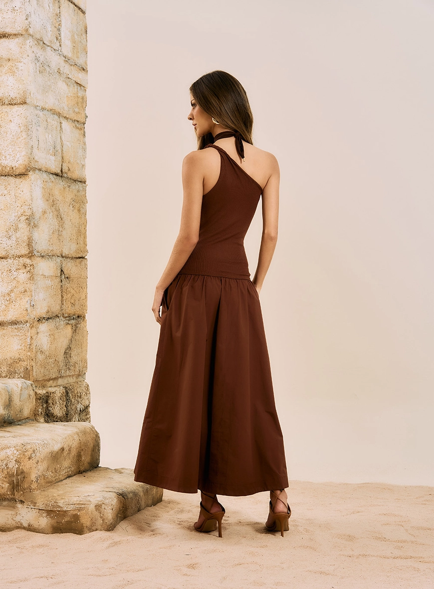 Vestido Midi De Um Ombro Só Canelado Marrom 3