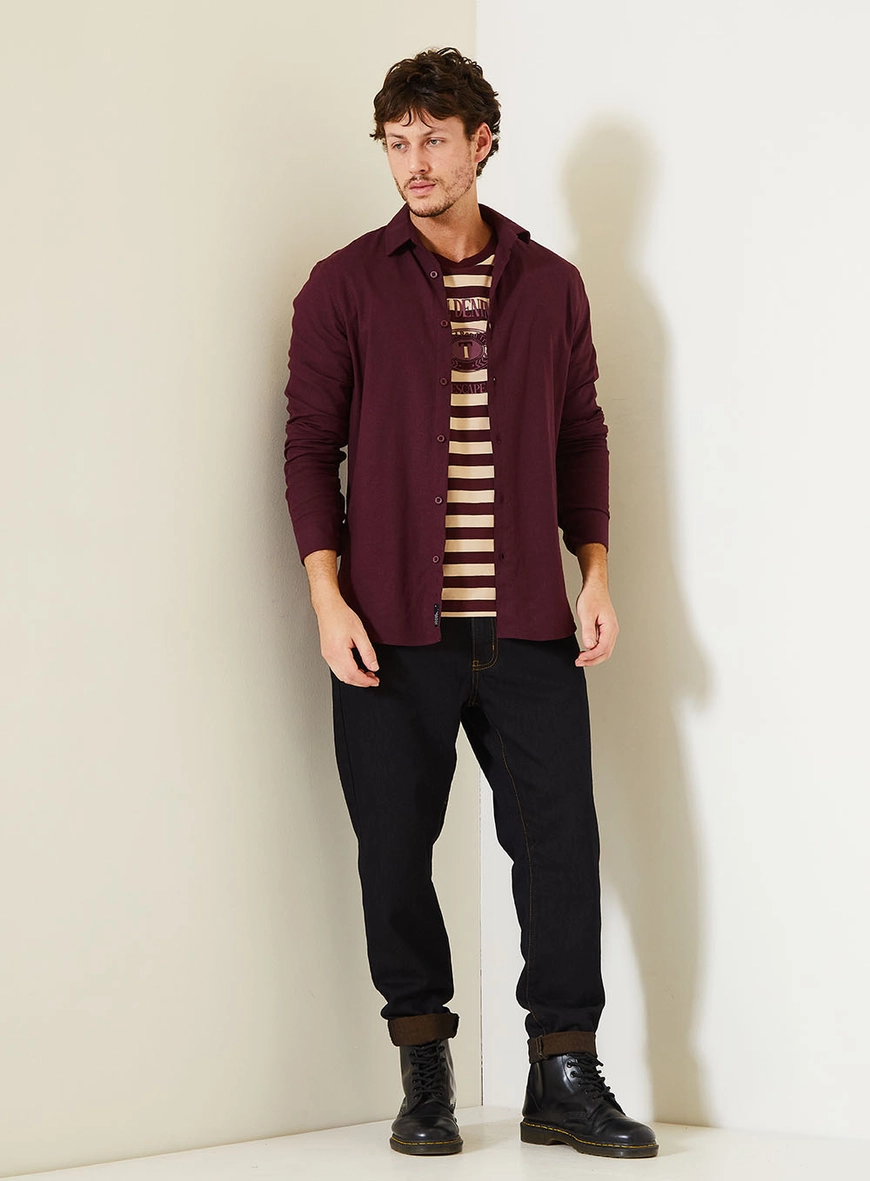 Camisa Masculina Casual Com Manga Longa Bordô 3