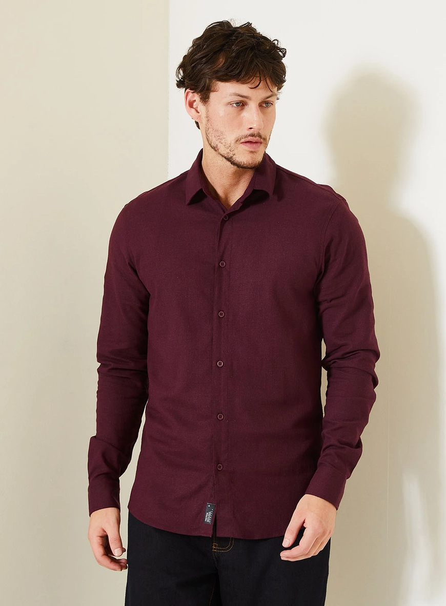 Camisa Masculina Casual Com Manga Longa Bordô 1