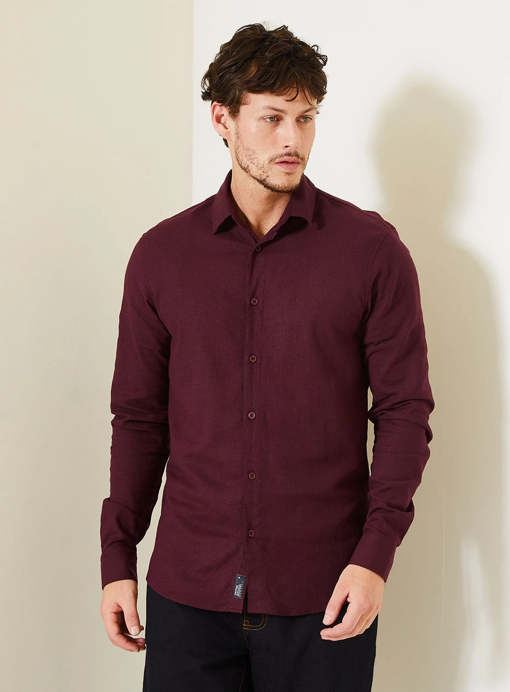 Camisa Masculina Casual Com Manga Longa Bordô 1