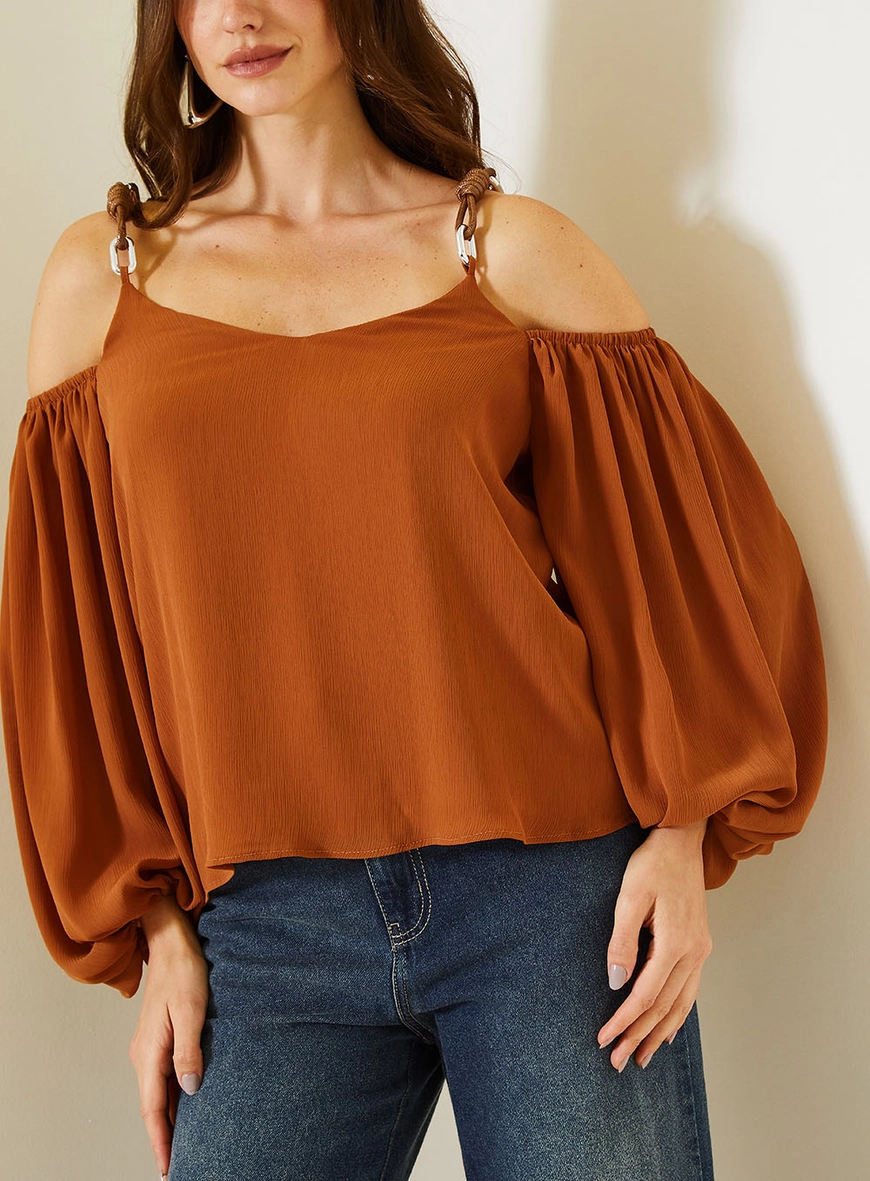 Blusa Comfort Com Manga Bufante E Alças Finas Marrom 4