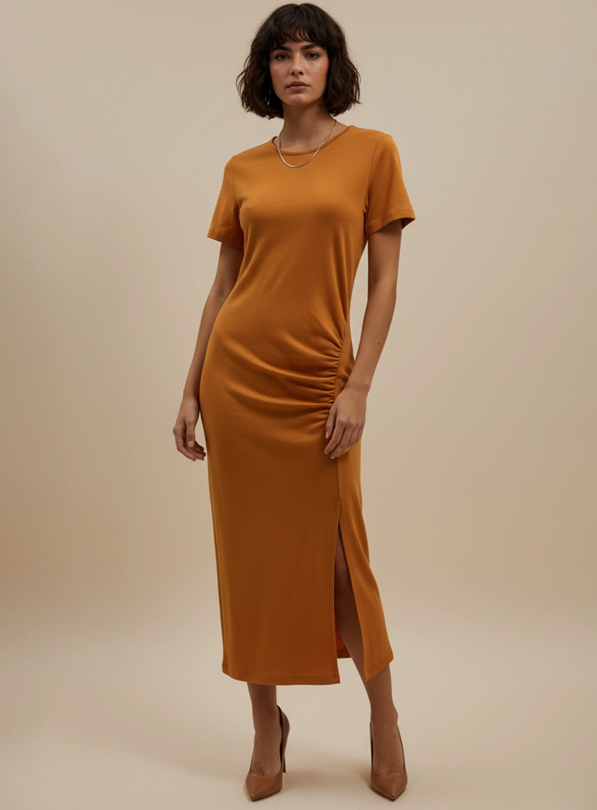 Vestido Comfort Midi Com Drapeado Lateral Laranja 1