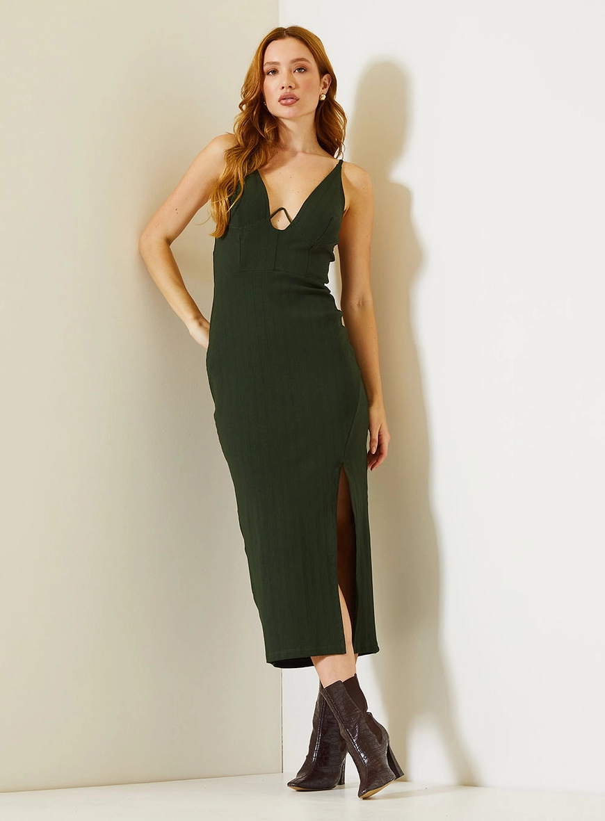 Vestido Midi Com Decote Profundo E Fenda Lateral Verde 1