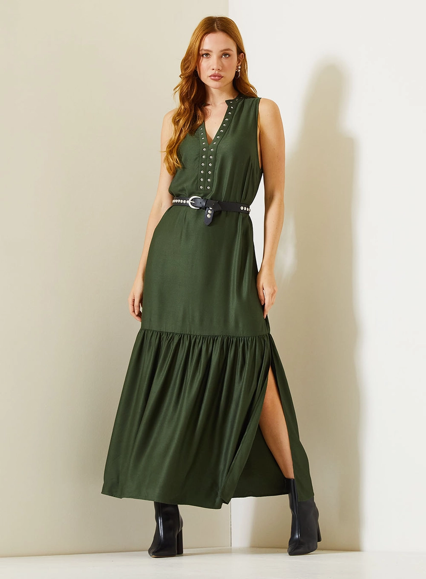 Vestido Longo Comfort Com Fenda Lateral E Decote V Verde 4