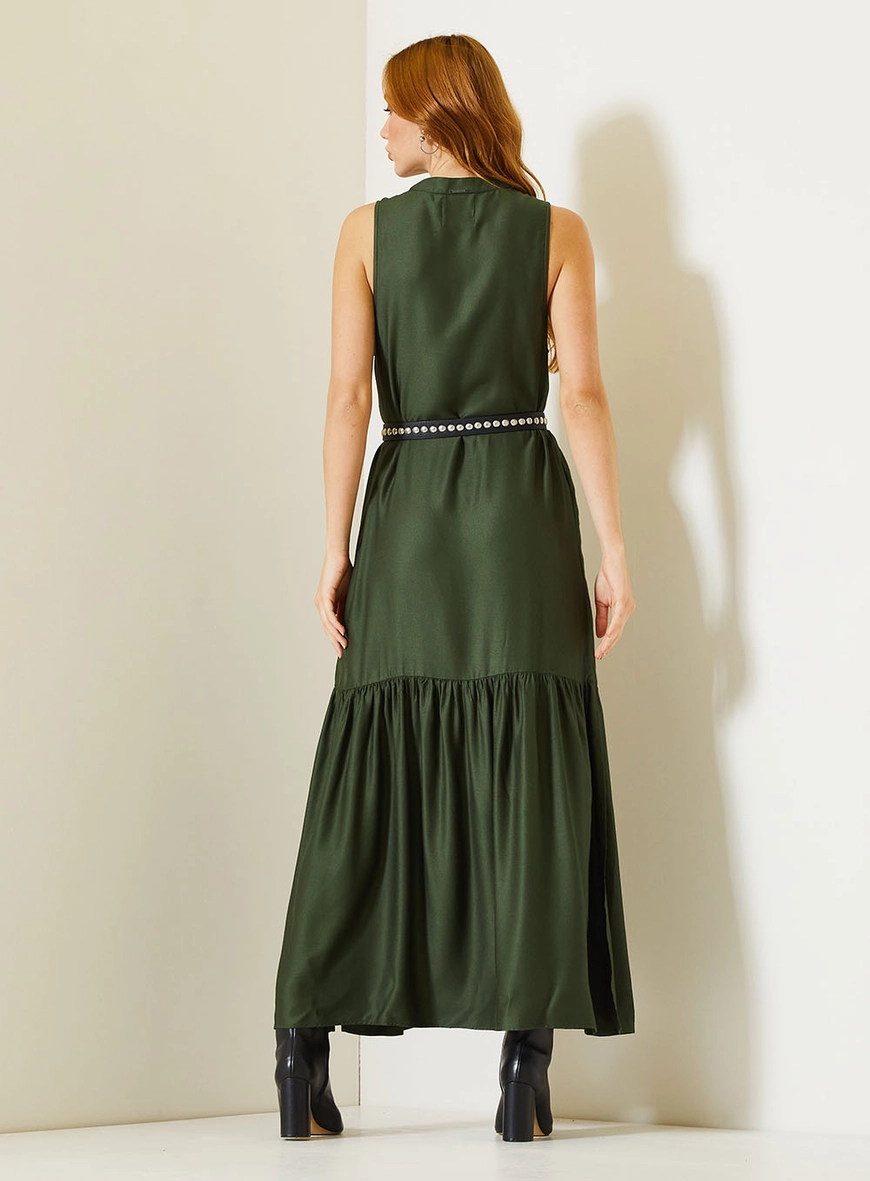 Vestido Longo Comfort Com Fenda Lateral E Decote V Verde 3