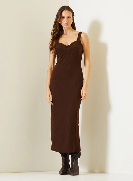 Vestido Longo Midi Canelado Com Busto Moldado