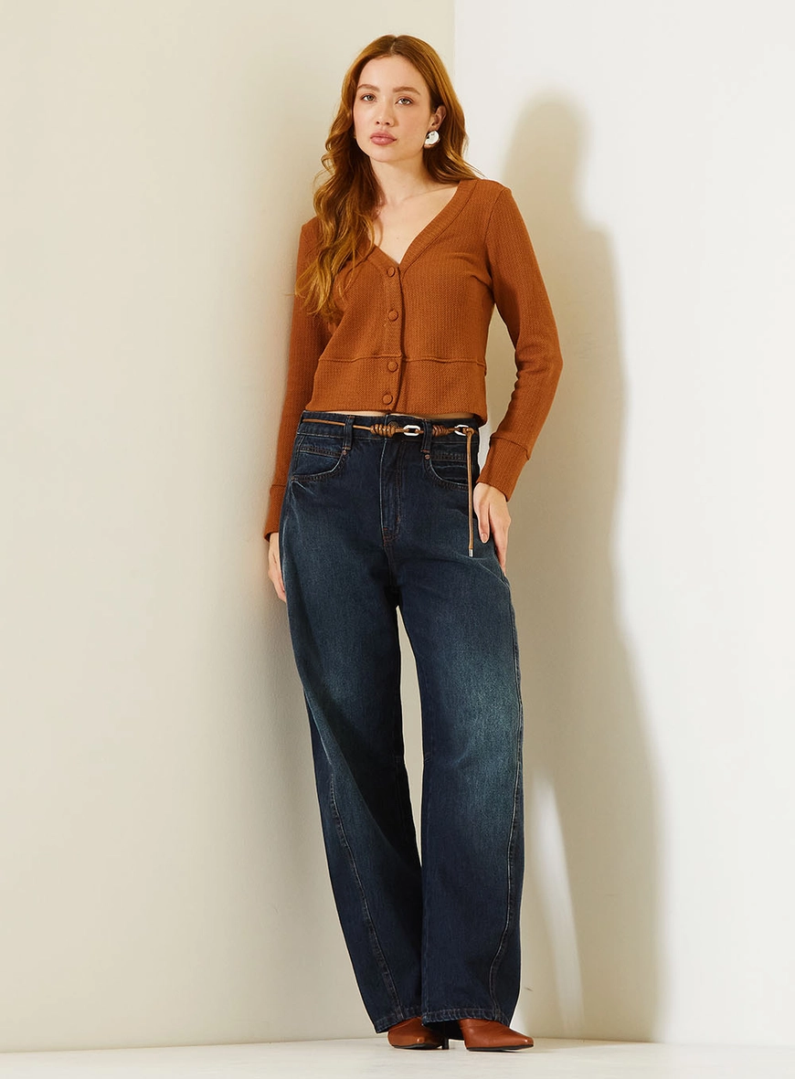 Cardigan Comfort Com Textura Em Tricô E Decote V Marrom 1