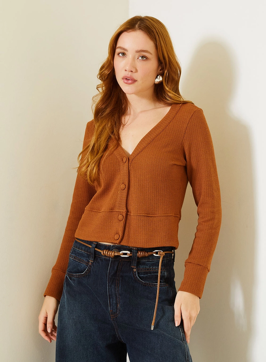 Cardigan Comfort Com Textura Em Tricô E Decote V Marrom 2