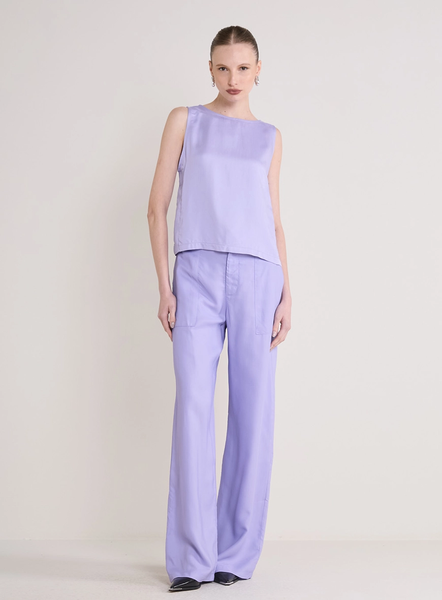 Calça Alfaiataria Feminina Reta Cós Alto Roxo