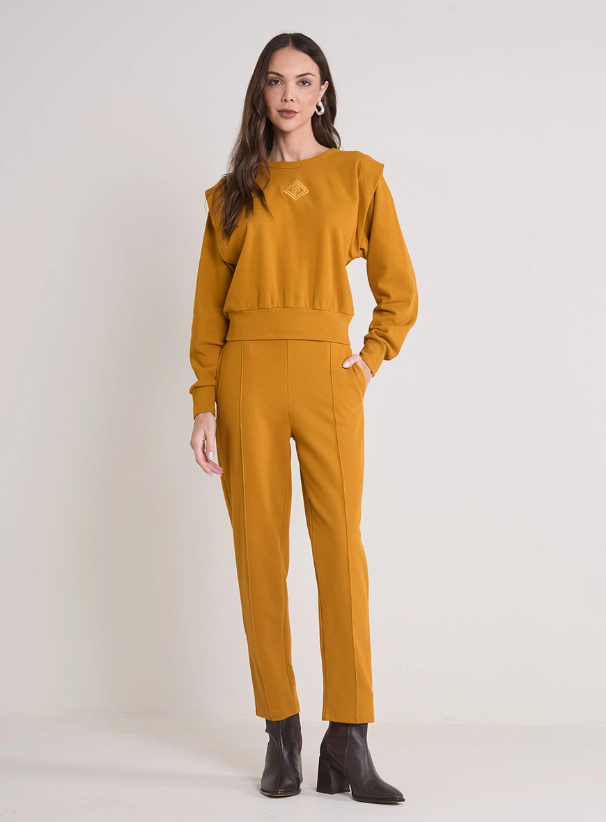 Calça Cenoura De Cintura Alta Com Nervura Amarelo