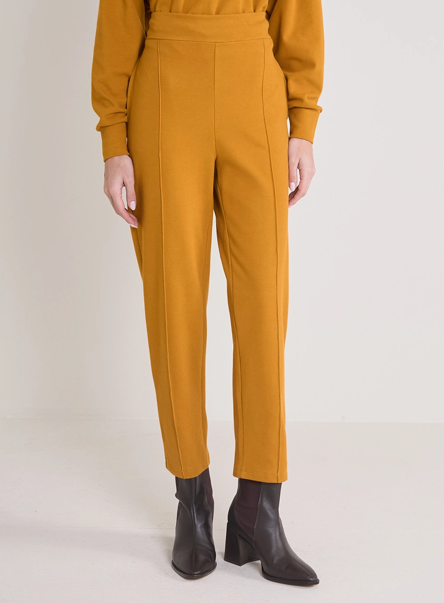 Calça Cenoura De Cintura Alta Com Nervura Amarelo