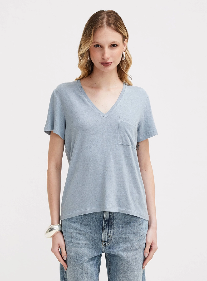 Camiseta Feminina Básica Com Decote V Azul