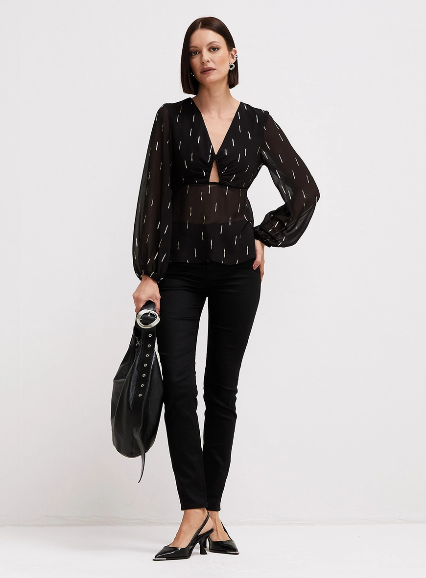 Blusa Peplum Manga Longa Estampada Preto