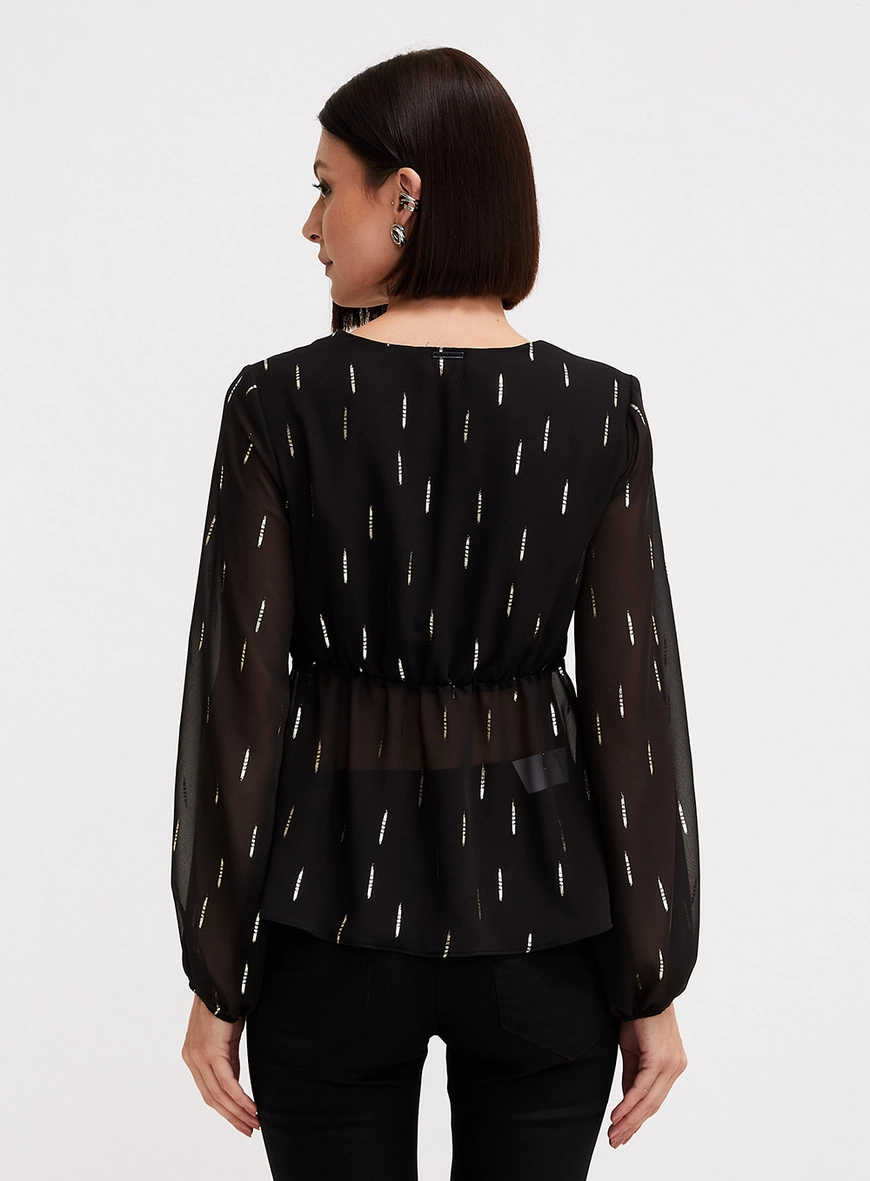 Blusa Peplum Manga Longa Estampada Preto