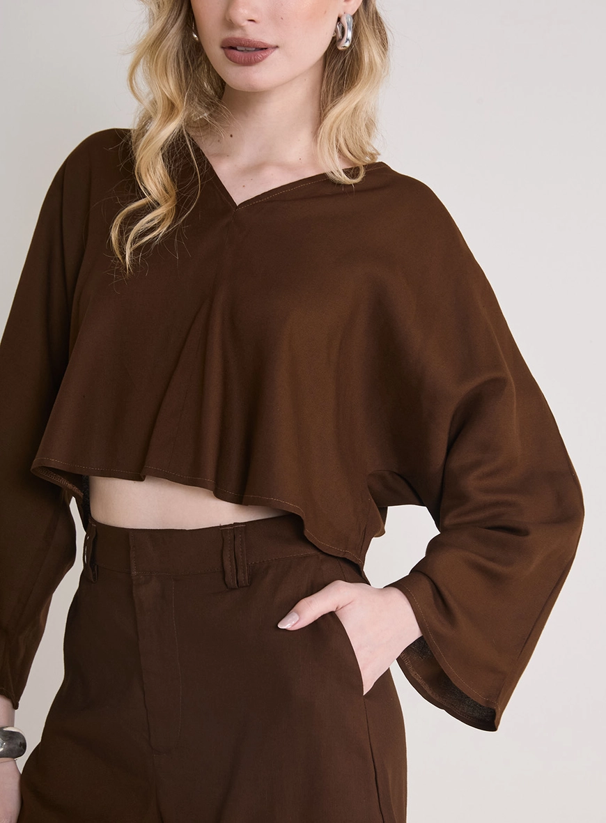 Blusa Solta De Manga Longa Com Decote V Marrom