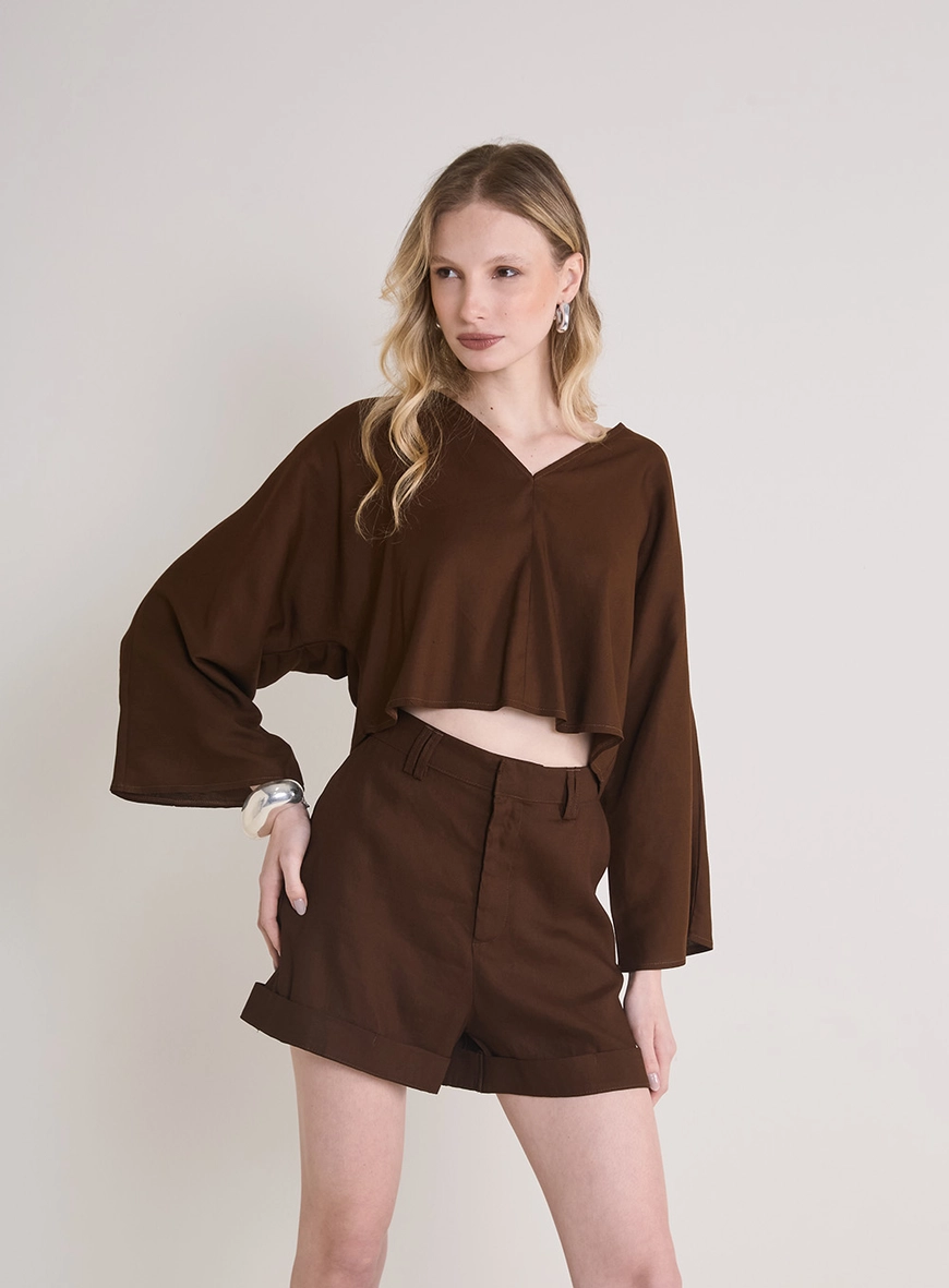 Blusa Solta De Manga Longa Com Decote V Marrom