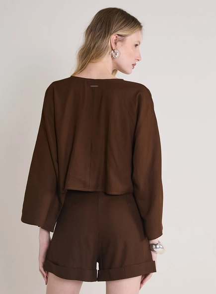 Blusa Solta De Manga Longa Com Decote V