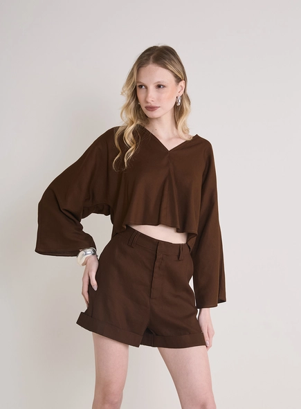 Blusa Solta De Manga Longa Com Decote V