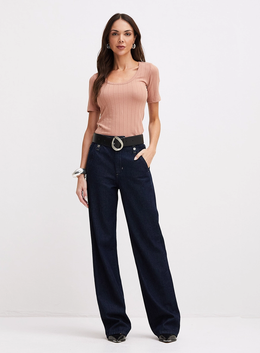 Blusa Básica Com Decote U E Mangas Alongadas Marrom