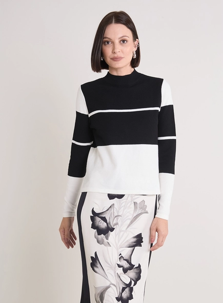Blusão Tricô Feminino Estampado Gola Média