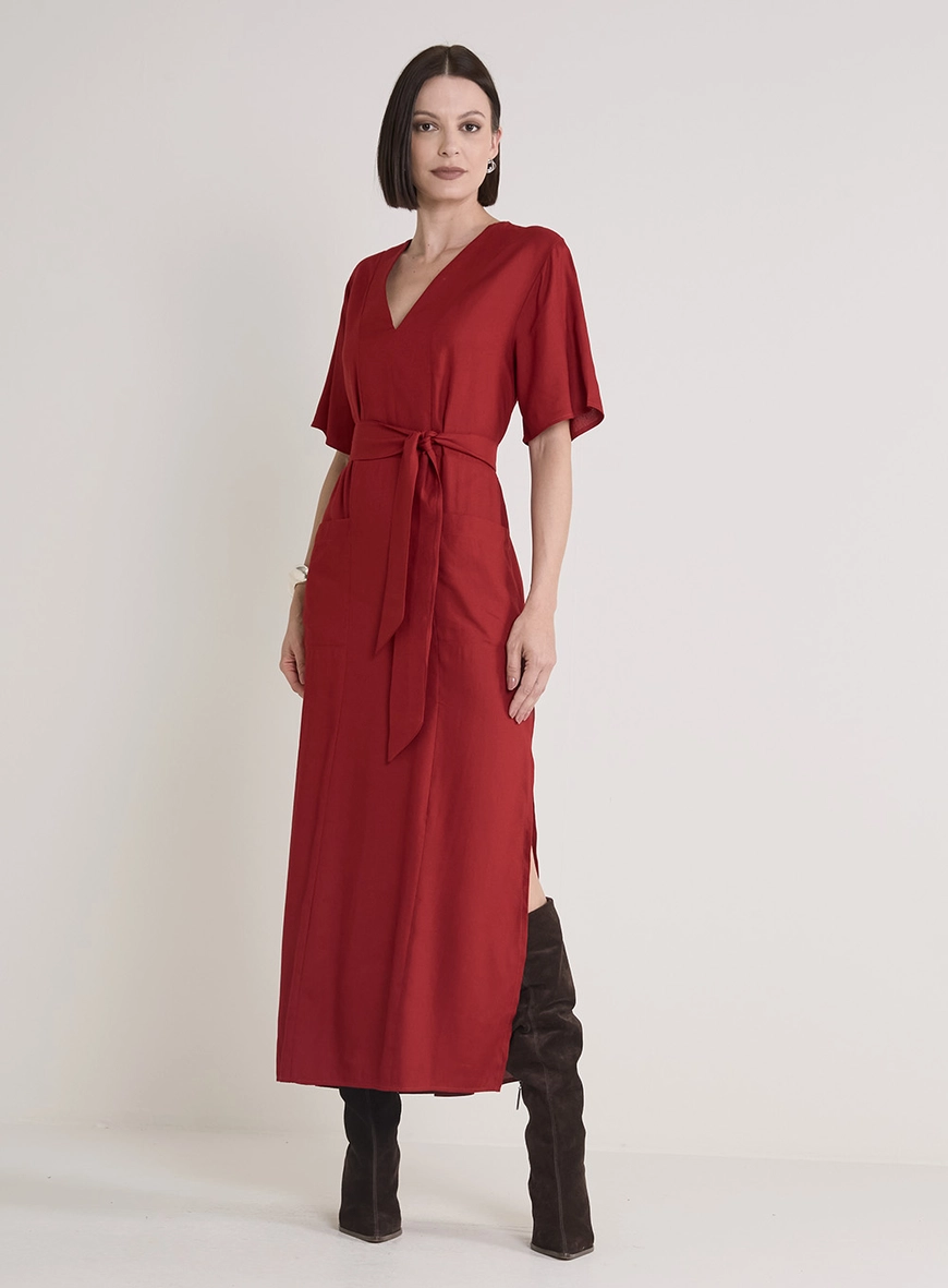 Vestido Midi Amplo Com Amarração Vermelho