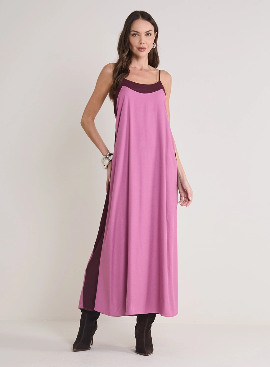 Vestido Longo Reto Bicolor Rosa