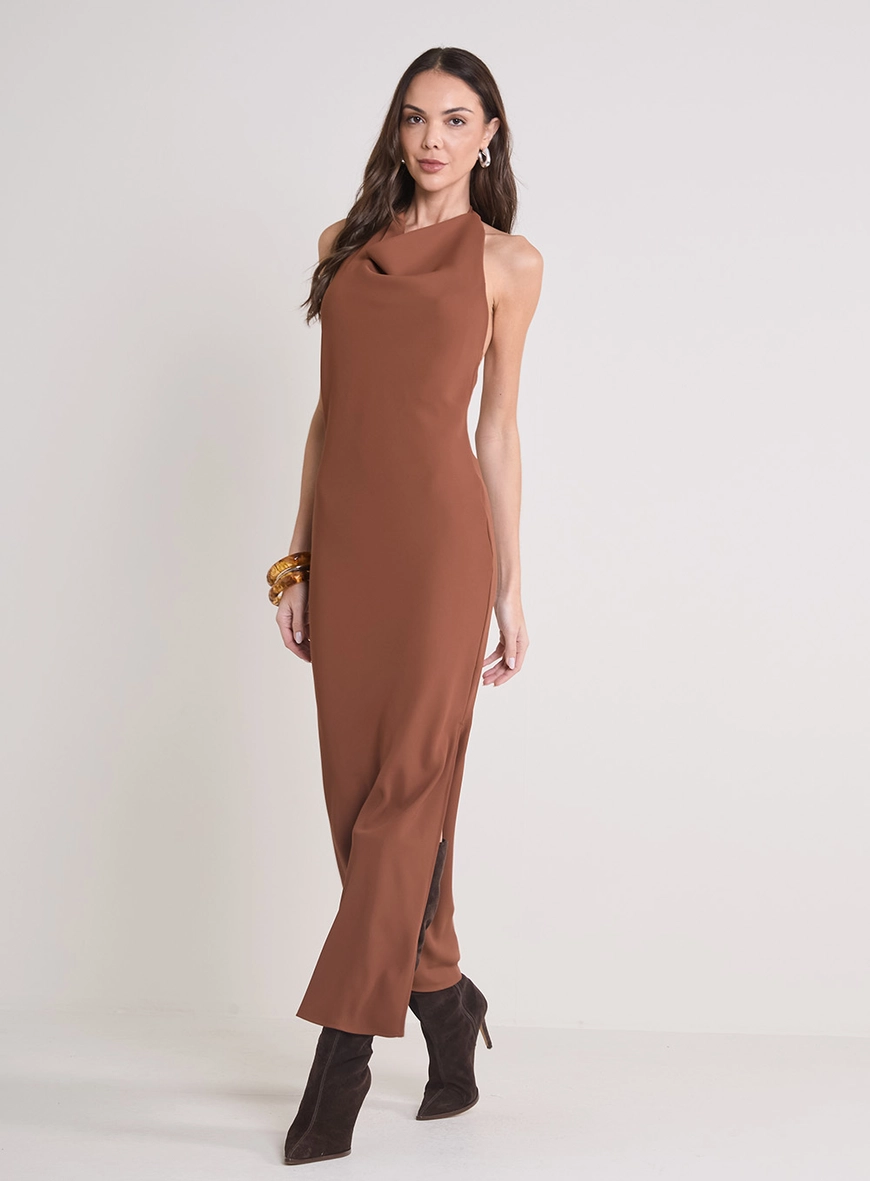 Vestido Midi Frente Única Marrom