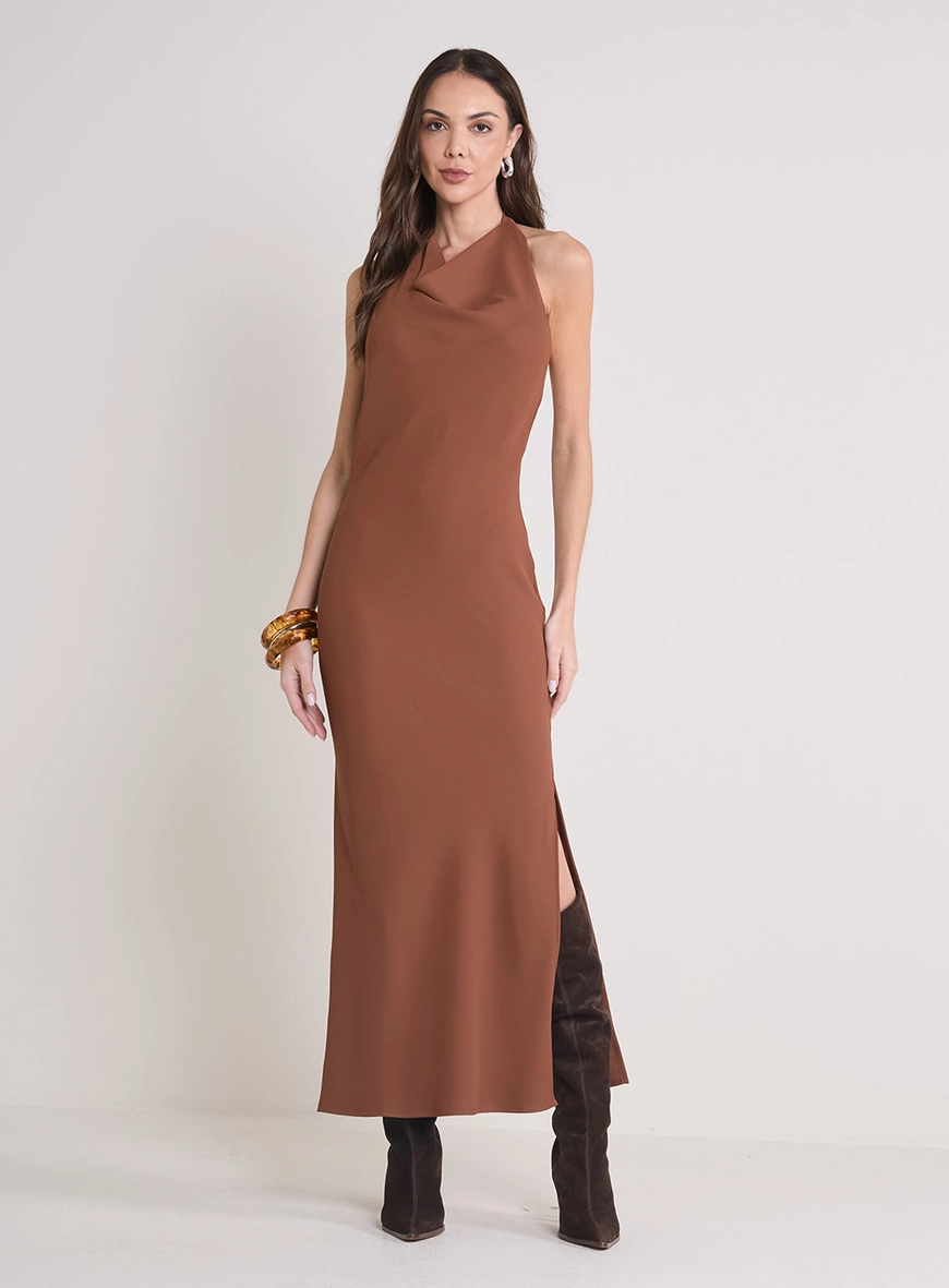 Vestido Midi Frente Única Marrom