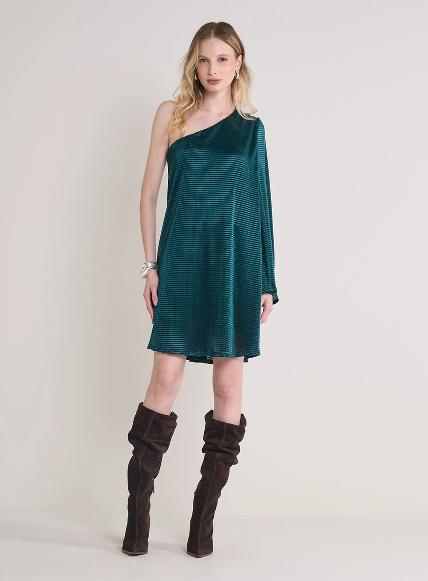 Vestido Curte Manga Única Texturizado Verde