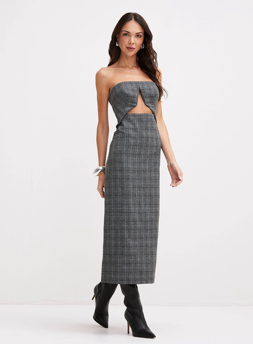 Vestido Midi Estruturado Xadrez Cinza